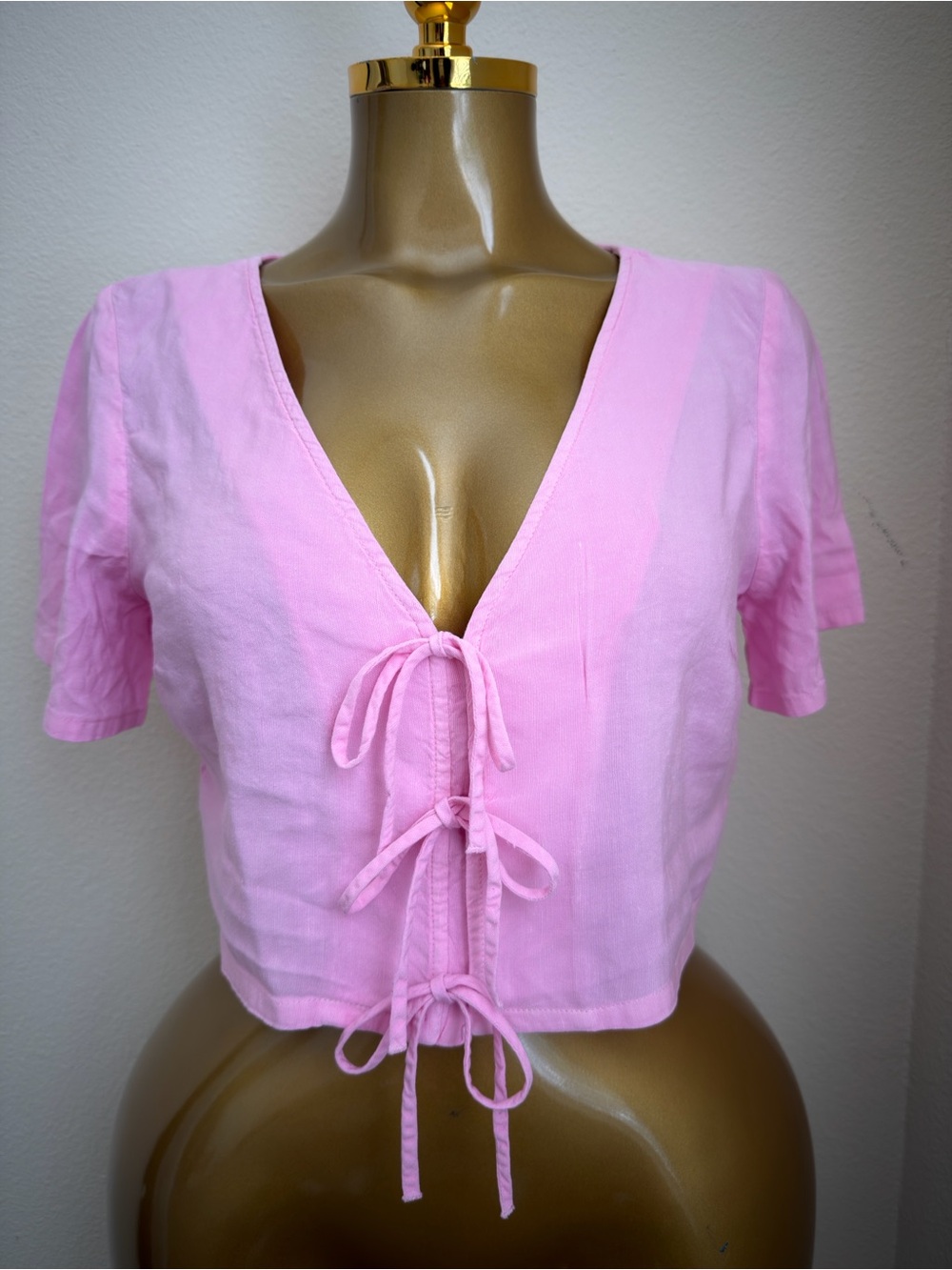 Zara Pink Tie-Front Short Sleeve Crop Top